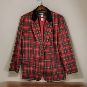 Vintage Red Tartan Blazer 14 Wool Blend Plaid Black Velvet Collar Preppy Festive